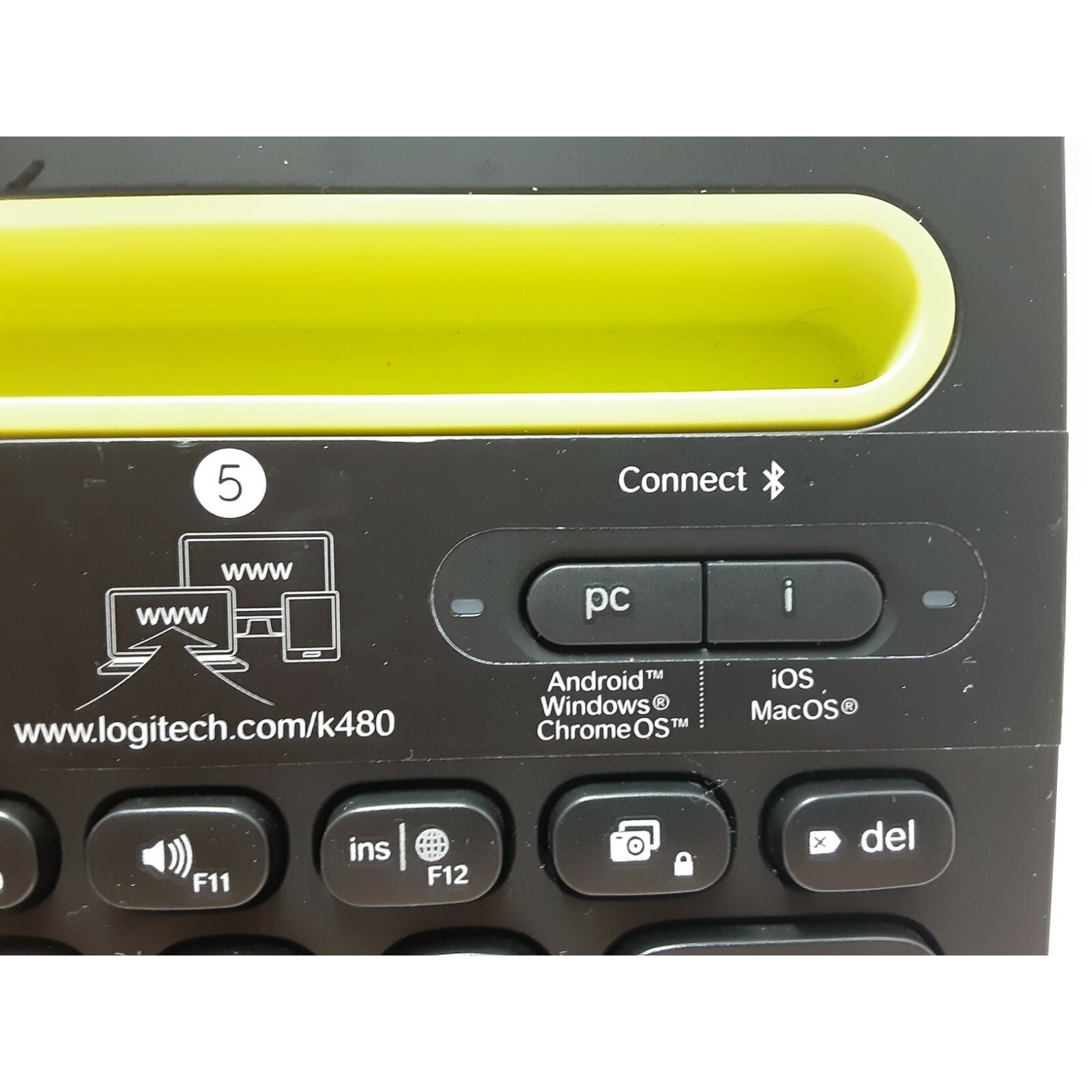 Logitech K480 Bluetooth Multi-Device Keyboard Black Lime Green Tablet Phone Slot