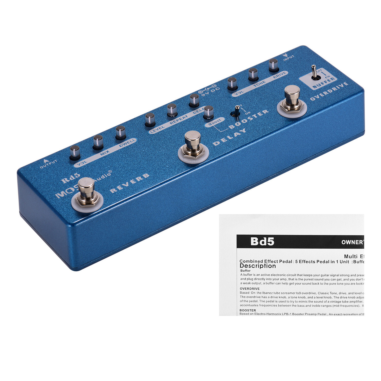 MOSKY Audio 5-in-1 Guitar Multi-Effects Reverb Delay Booster Overdrive Buffer