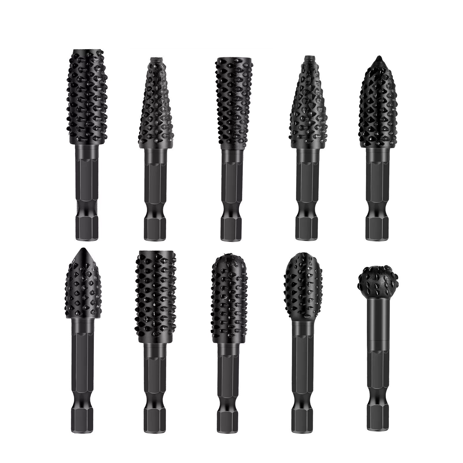 10Pcs 1/4in Shank Rotary Burr Rasp Set Steel Wood Carving File Drill Bits Black