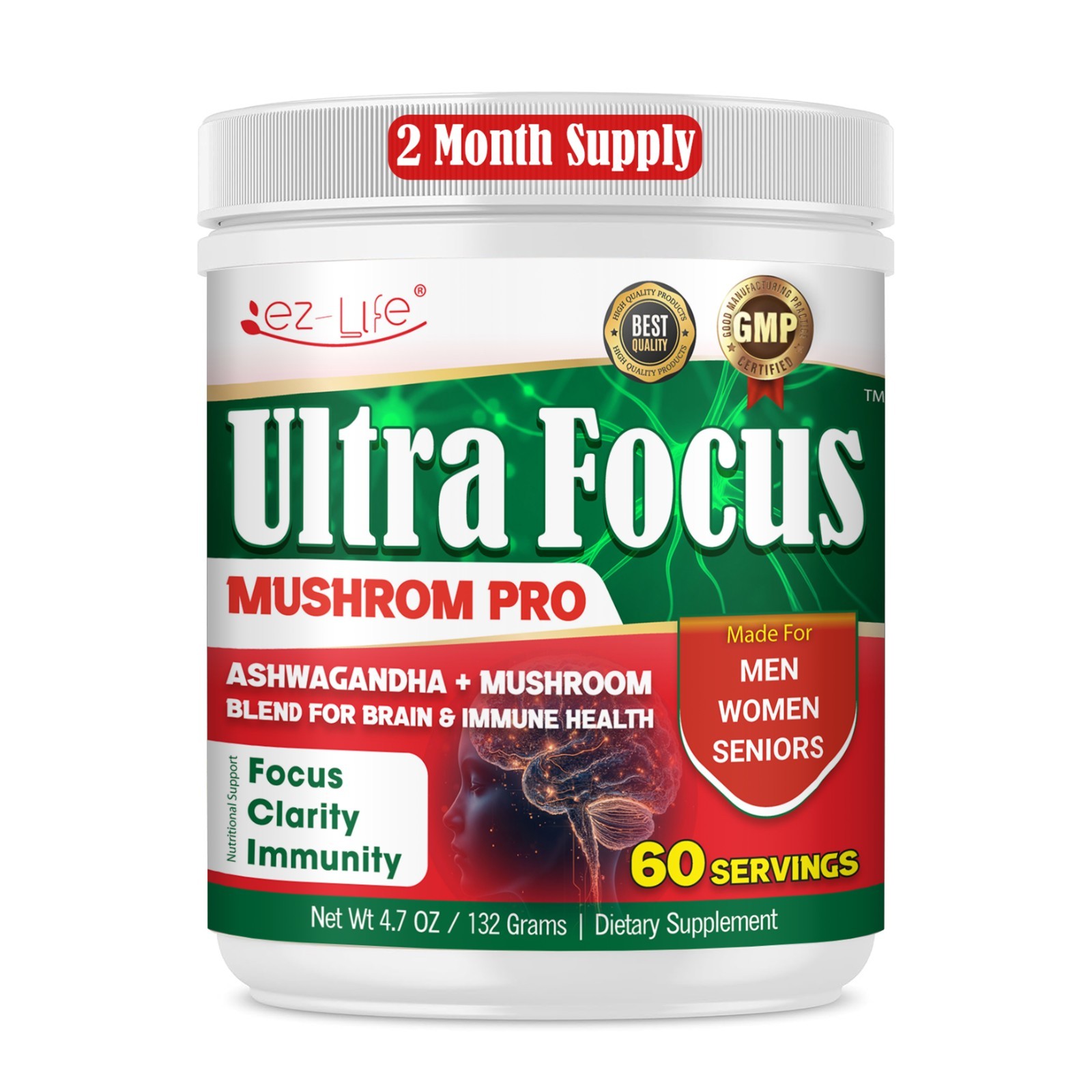 Adult Brain Booster Mushroom Powder Blend Focus, Memory Cognitive Support 60 S