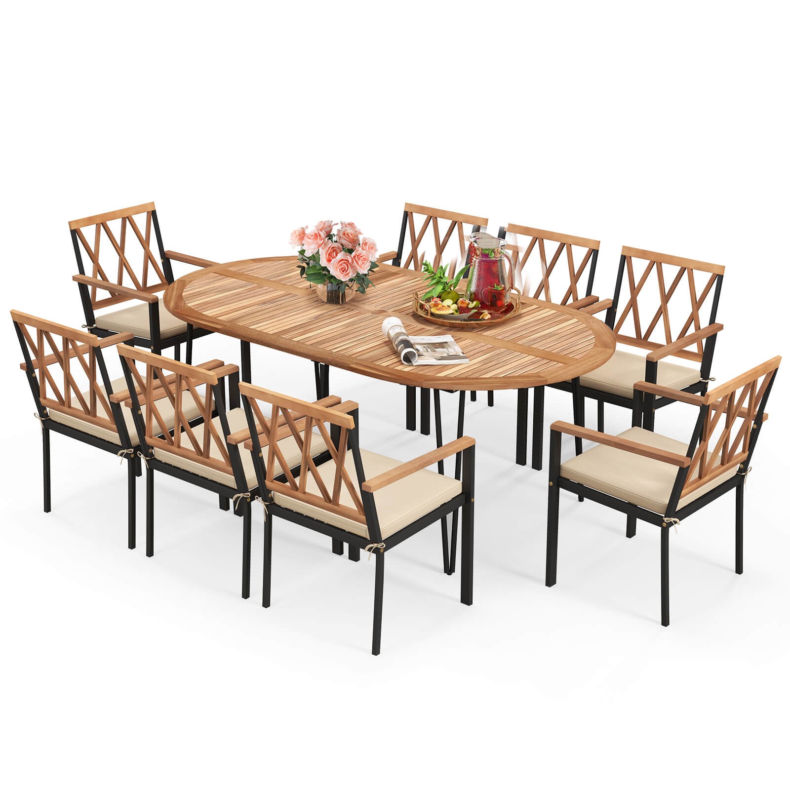 9 PCS Patio Dining Set Table w/ Acacia Wood Top & Umbrella Hole Metal Frame