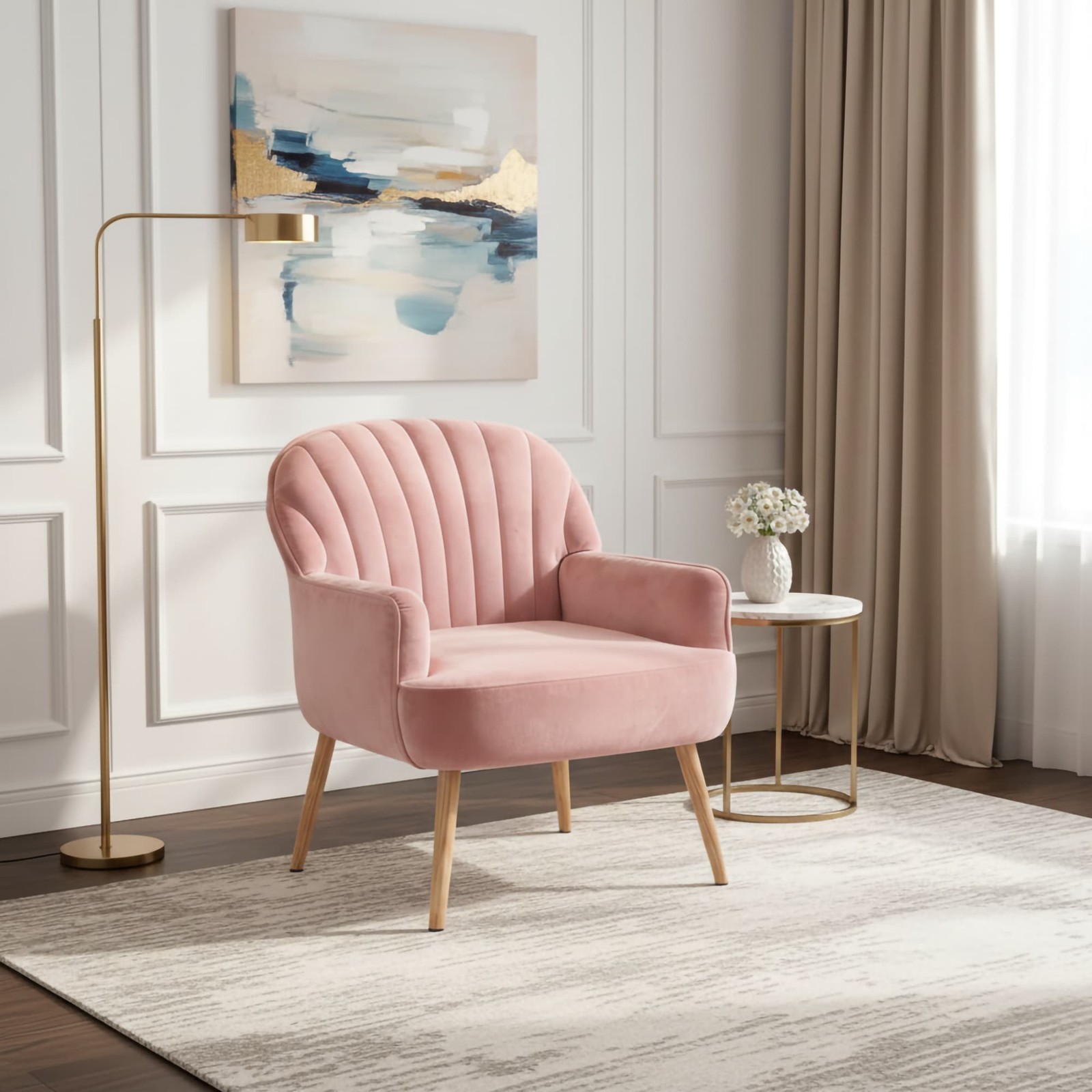 Modern Upholstered Pink Velvet Accent Chair Metal Legs Armchair for Bedroom