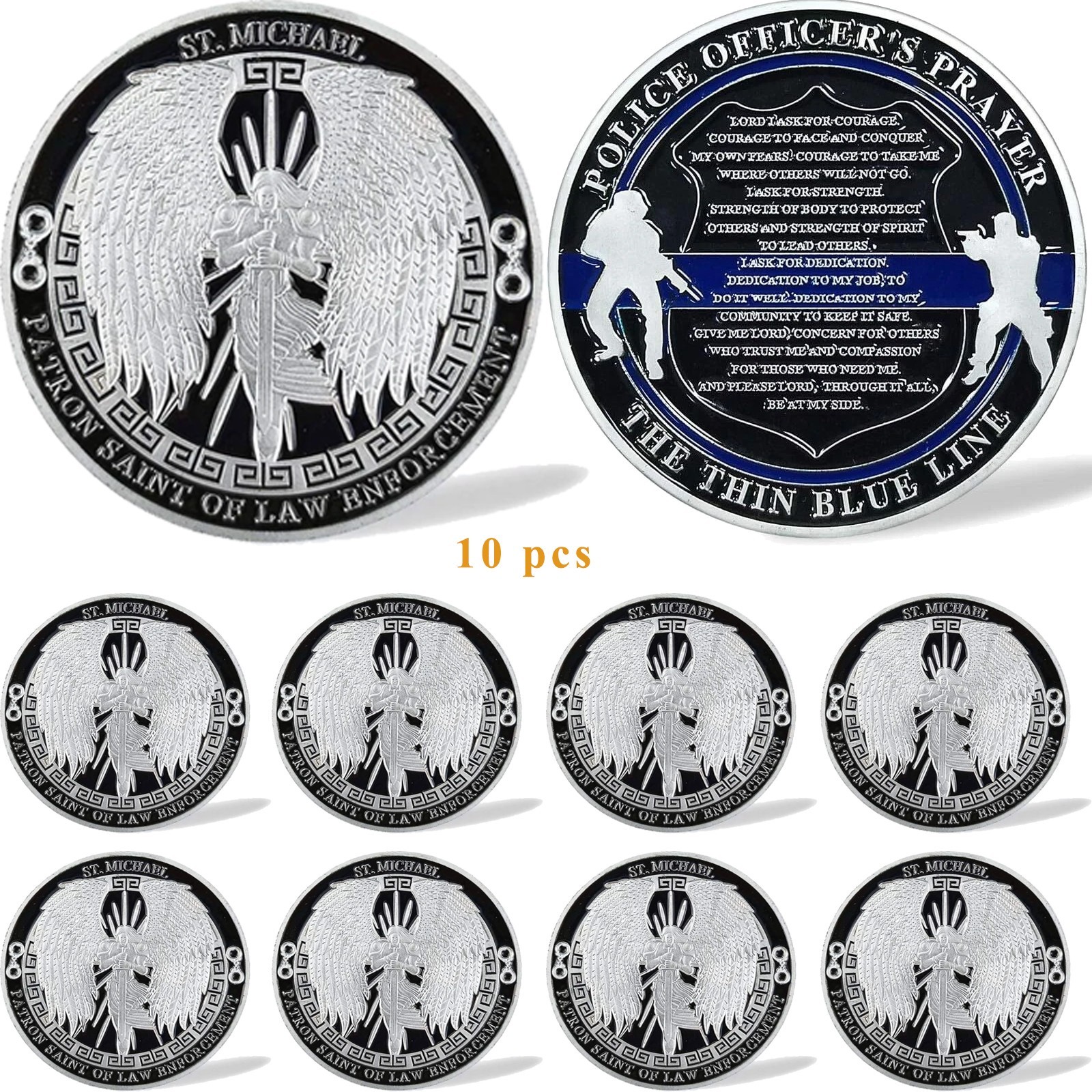 10pcs St. Michael Patron Saint of Law Enforcement Challenge Coin Thin Blue Line