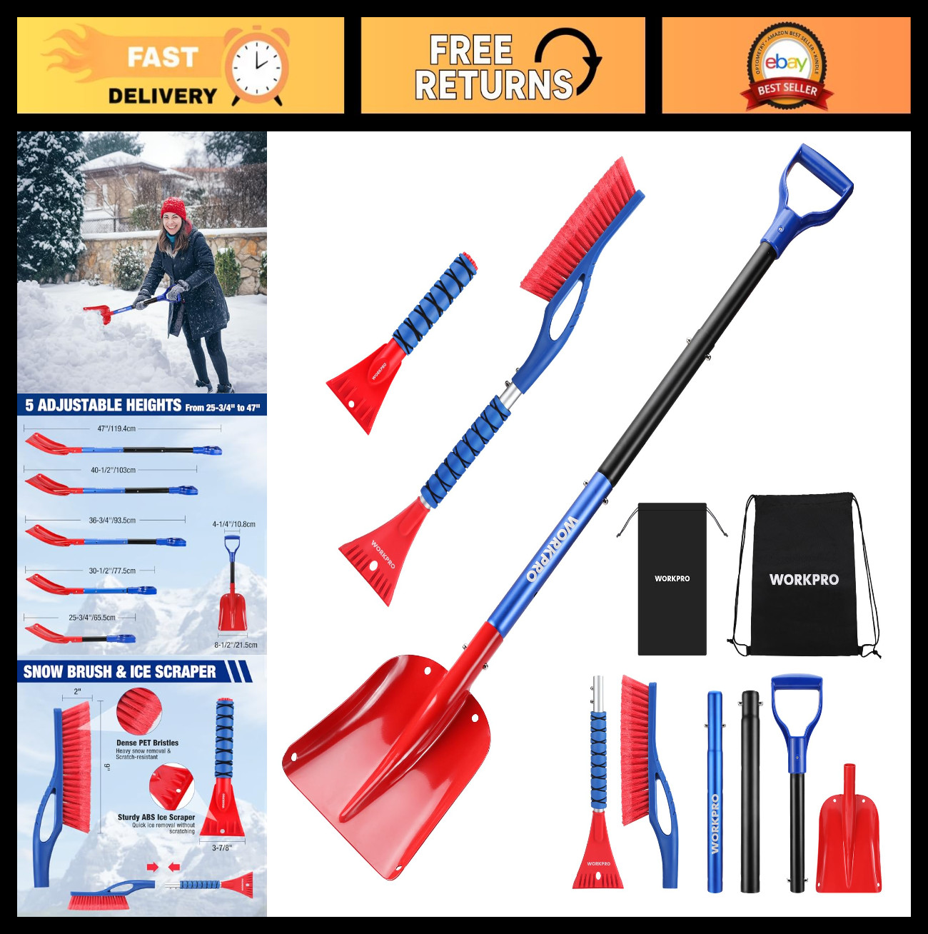 3-Piece Snow Removal Kit - 47" Detachable Shovel, 27" Ice Scraper & Brush, Car/T