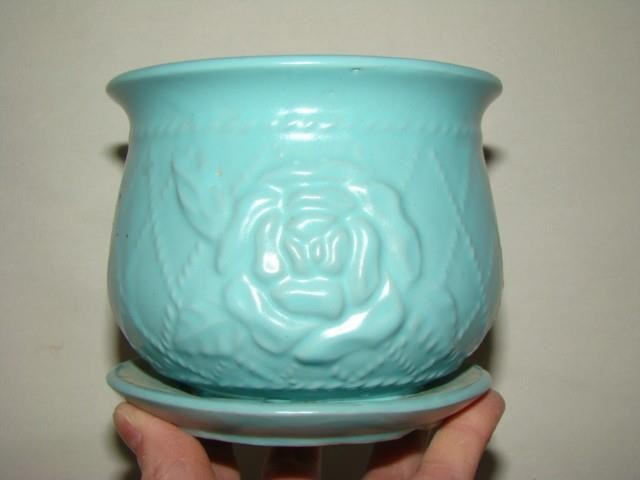 Vintage Embossed BLUE POTTERY Planter & Drip Plate, Stylized ROSE HEAD & Trellis