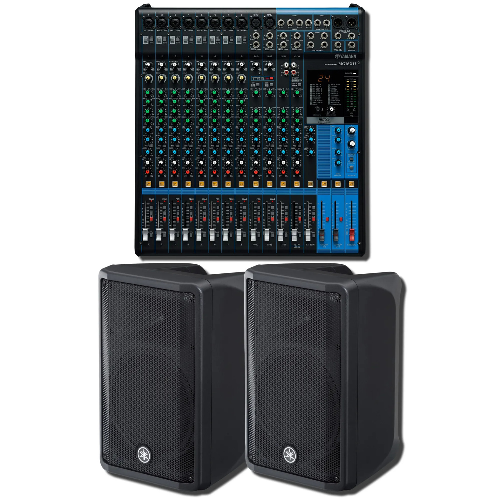 Yamaha MG16XU 16-Channel USB Mixer + 2x DBR10 700W Powered Speakers Bundle