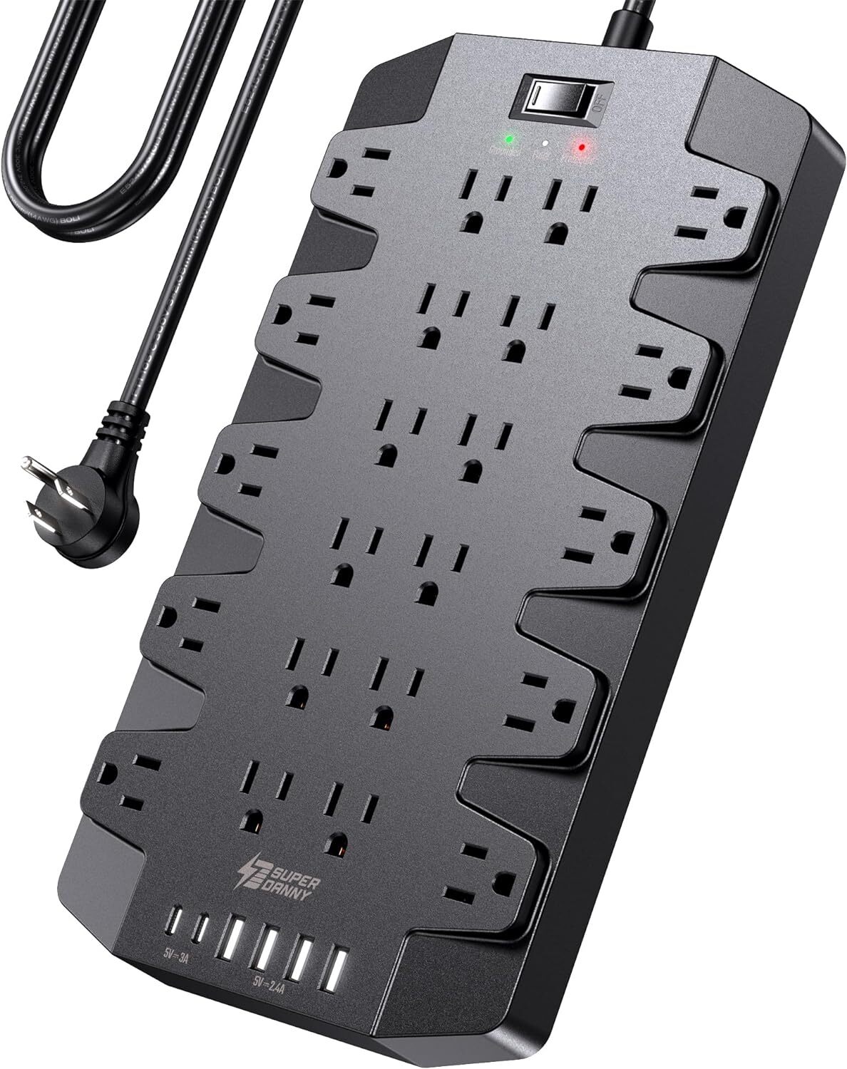 Power Strip, SUPERDANNY Surge Protector with 22 Outlets, 2 6.5 ft, Black
