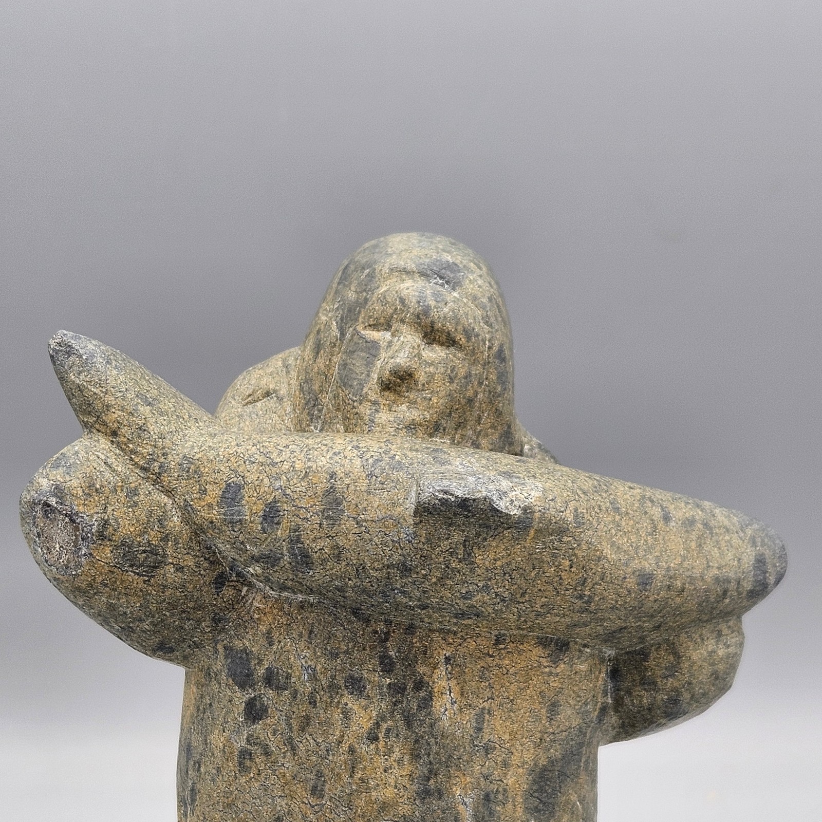 Inuit Stone Sculpture Hunter with Seal on Lucite Base