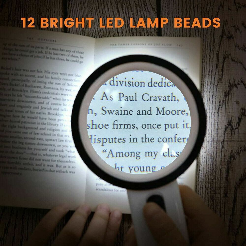 Jumbo 30X Handheld Magnifying Glass w/ 12 Bright LED Light Illuminated Magnifier