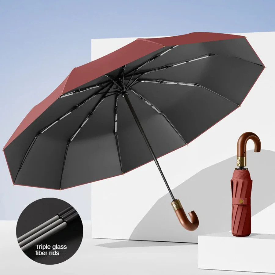 Automatic Folding Umbrella Windproof UPF50 UV Curved Handle Sun Rain Compact