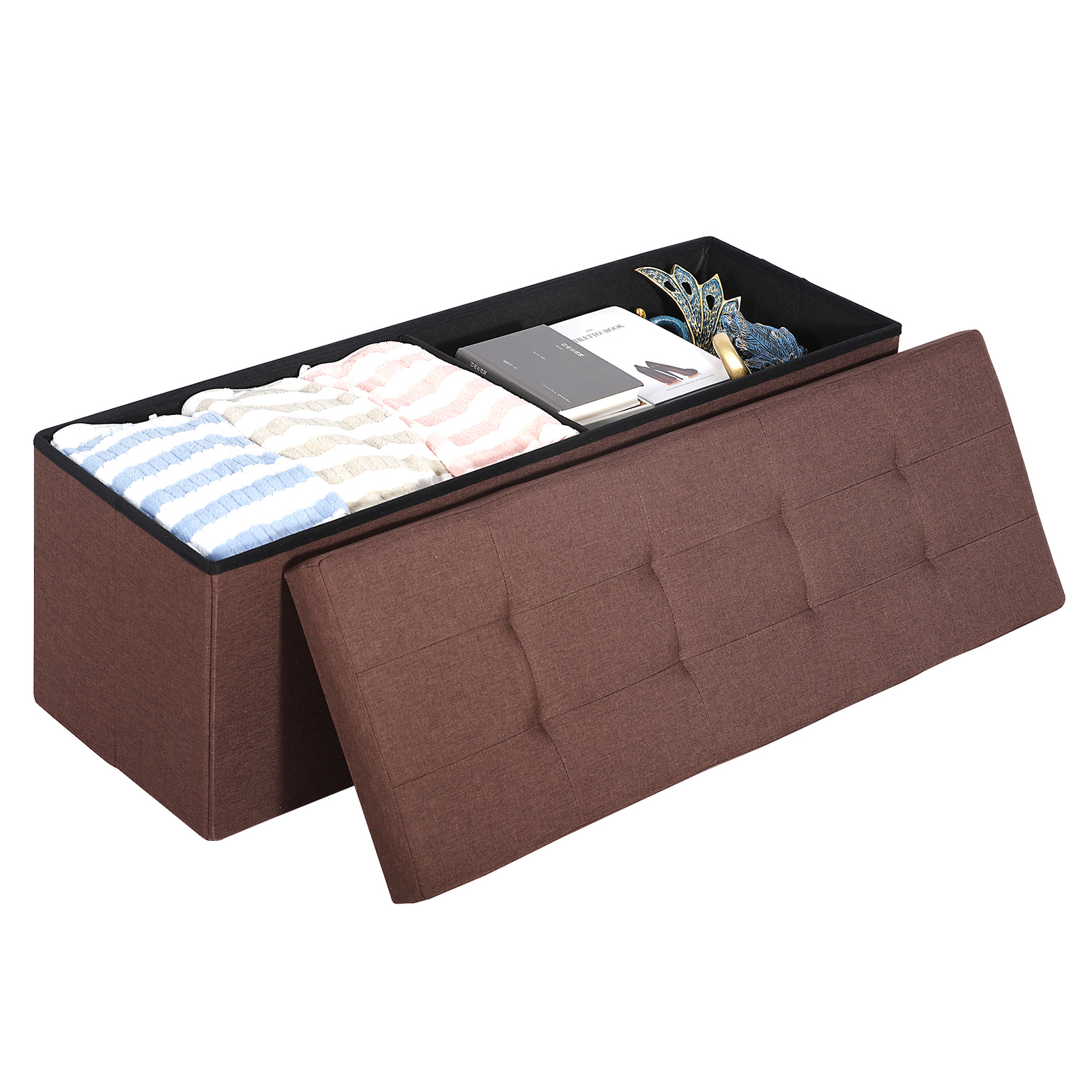 43" Folding Ottoman Bench Storage Organizer Chest Footrest Stool W/Divider Brown
