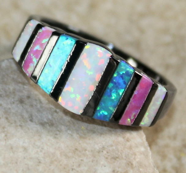 BLACK SILVER Elegant Blue, White & Pink Fire Opal Rainbow Ring WR41505