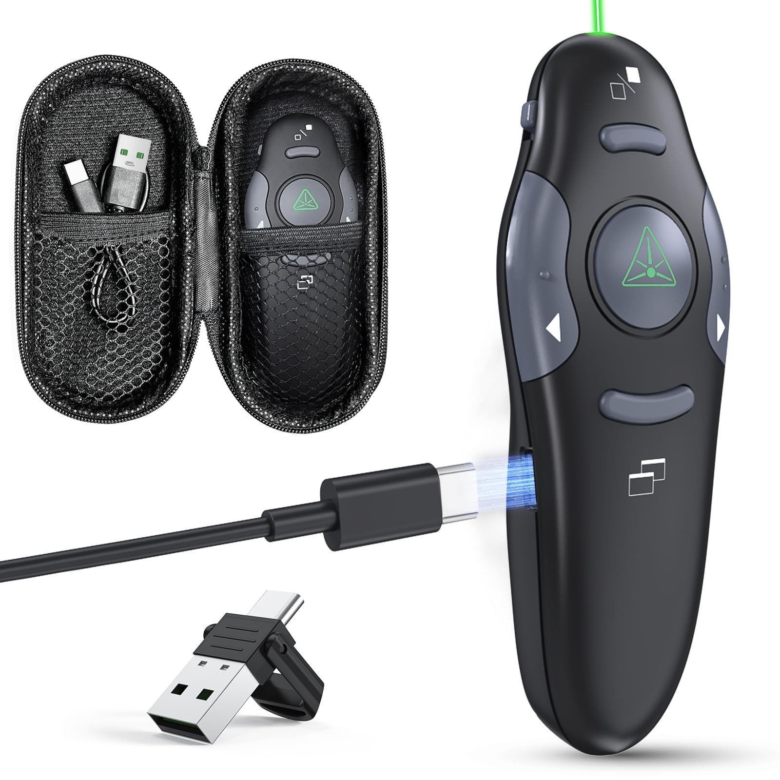 Wireless Presentation Clicker with Case - USB-C Rechargeable Green Laser Pointer