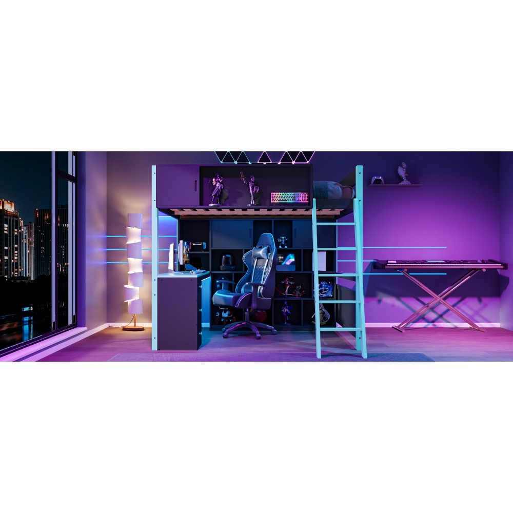 Full Size Wood Loft Bed with Desk, Ample Storage Space and Light Blue Bed Frame