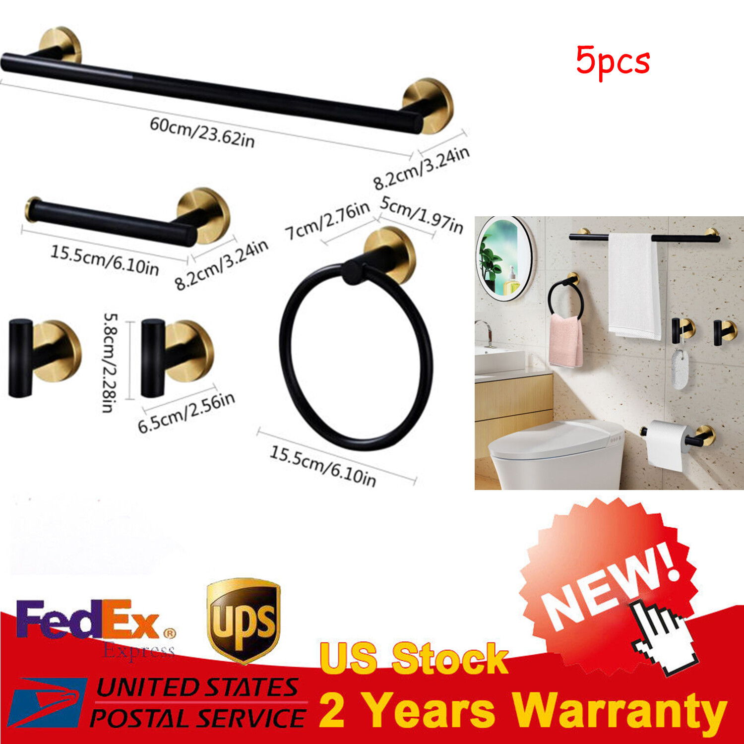 5-Piece Bathroom Hardware Set - Matte Black & Gold Stainless Steel Decor