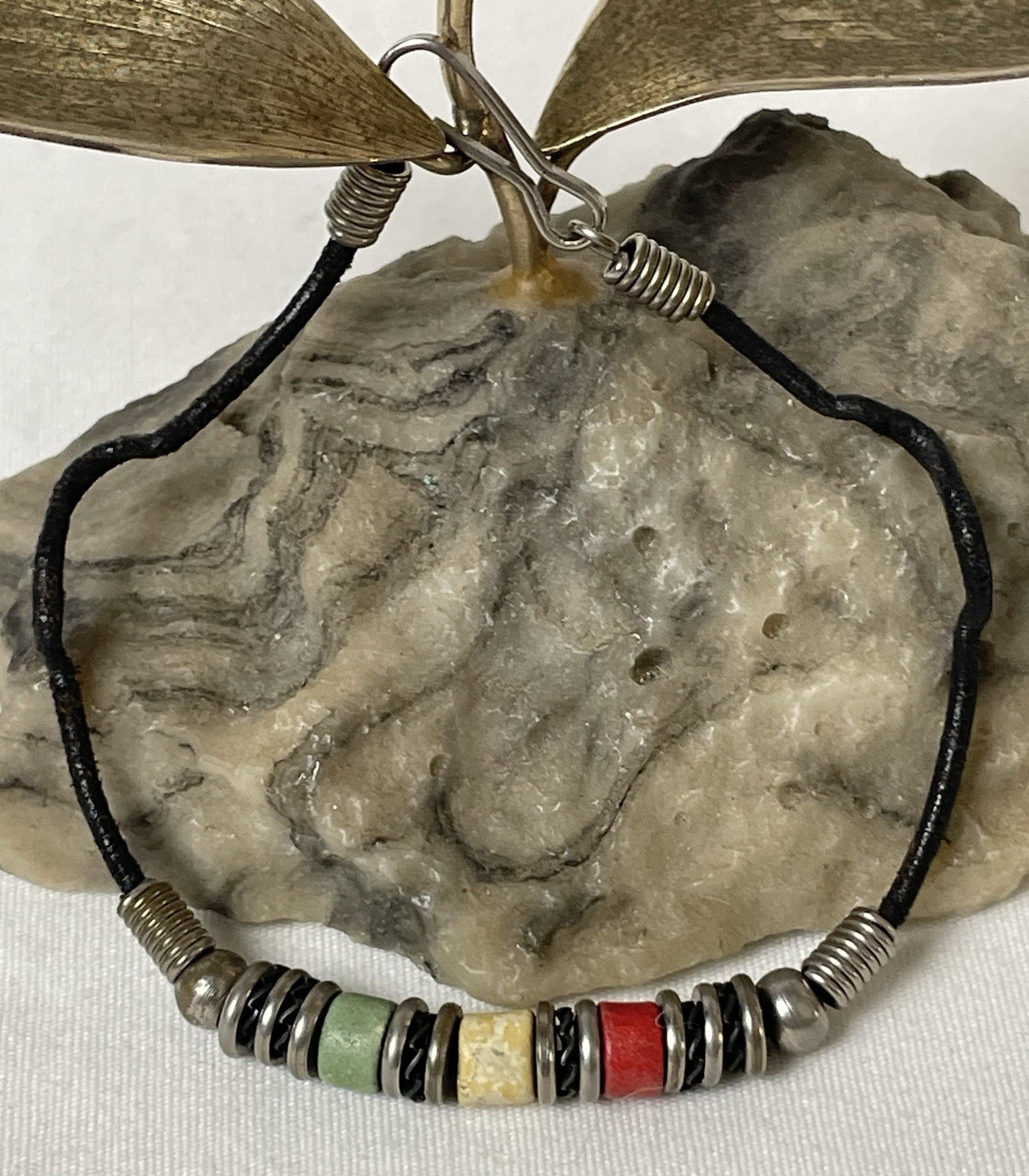 Vtg Artisan Fine Silver Beaded Bracelet 8” Red Ivory Green Stone Hook Clasp