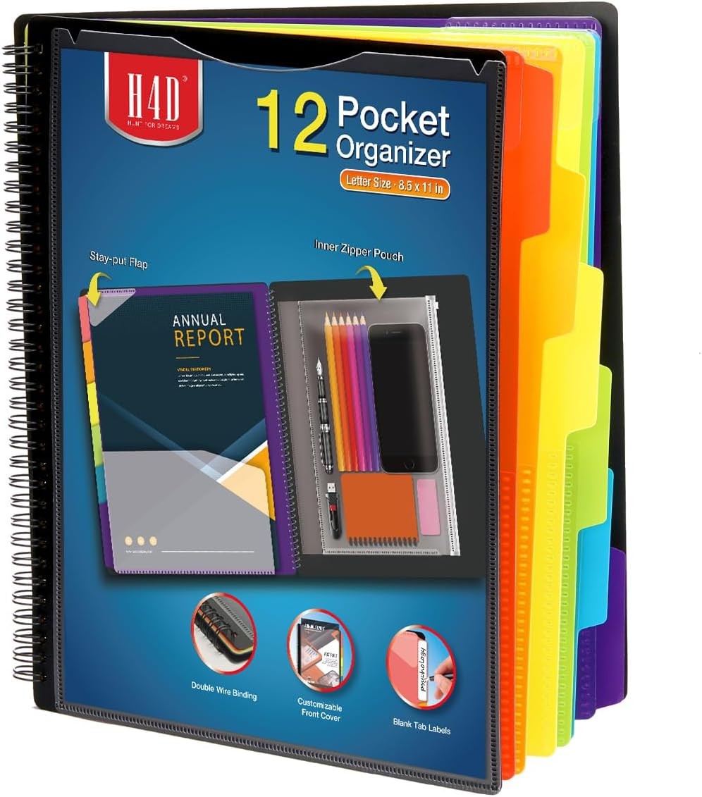 12 Pocket Poly Project Organizer Spiral Multi Folder Multi-Subject Notebook