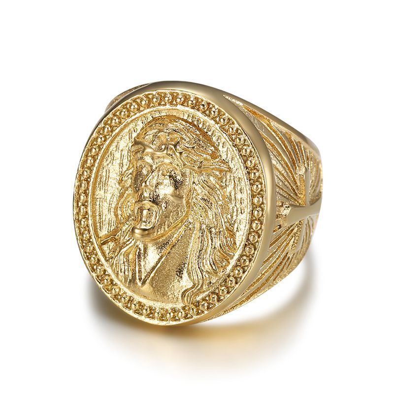 Hip Hop Casting Jesus Ring Vacuum Gold Plated Stainless Steel Mens Jewelry