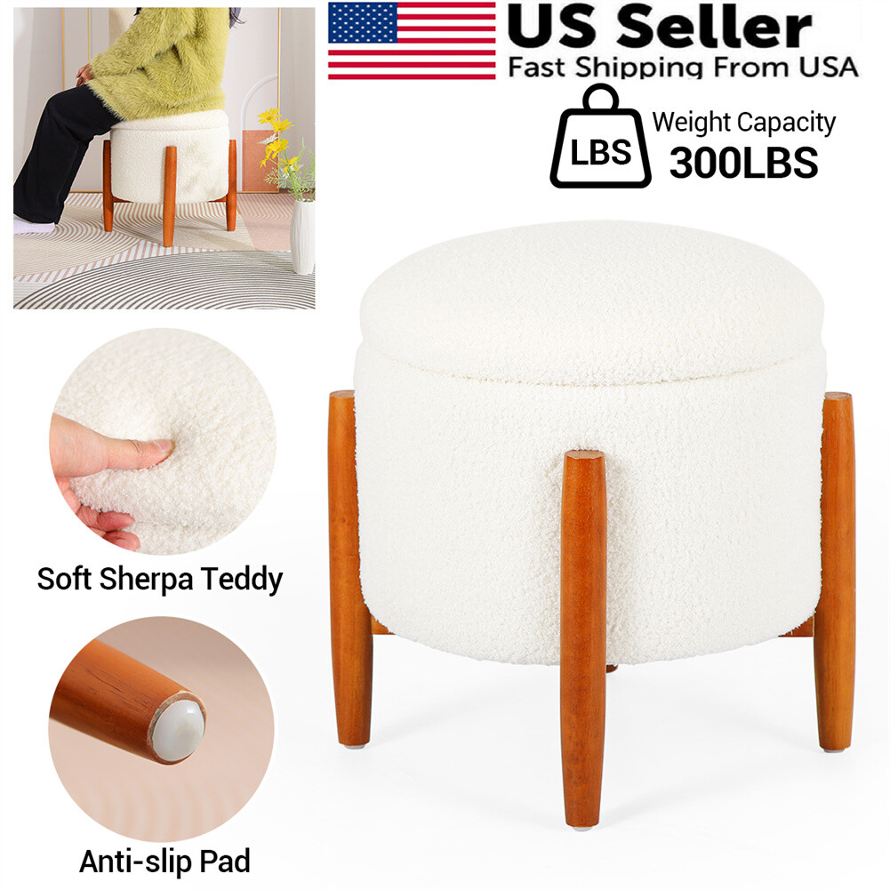 Round Ottoman Storage Bench Box Teddy Velvet Footstool Footrest for Living Room