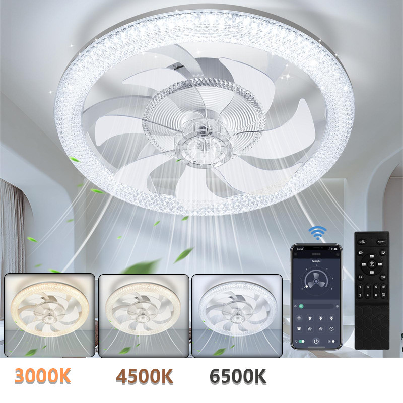 19 inch White Remote APP Control LED Ceiling Fan with Light Flush Mount Modern
