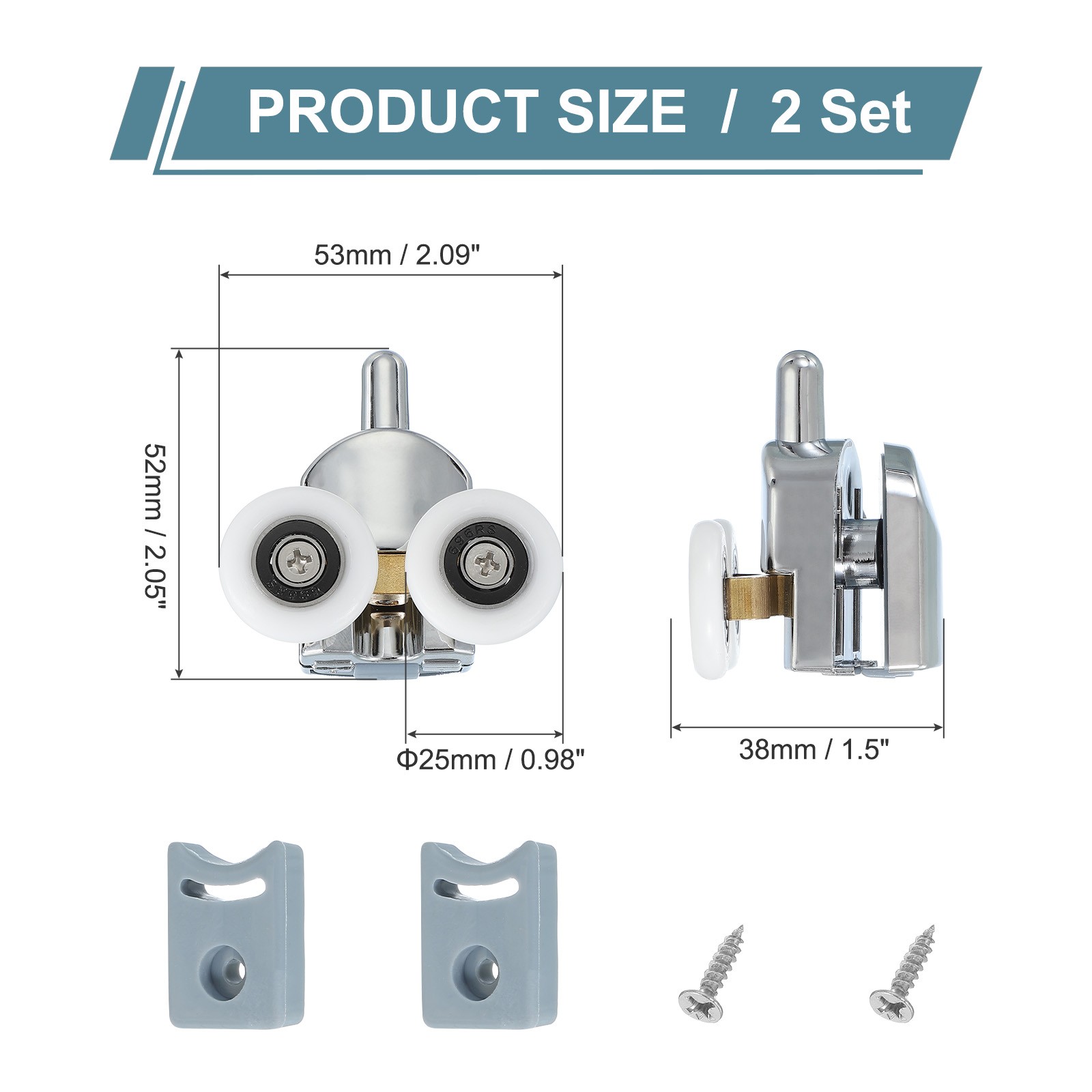 2Pcs 25mm Double Shower Door Rollers Copper Bottom Wheels Pulleys Guide Silver