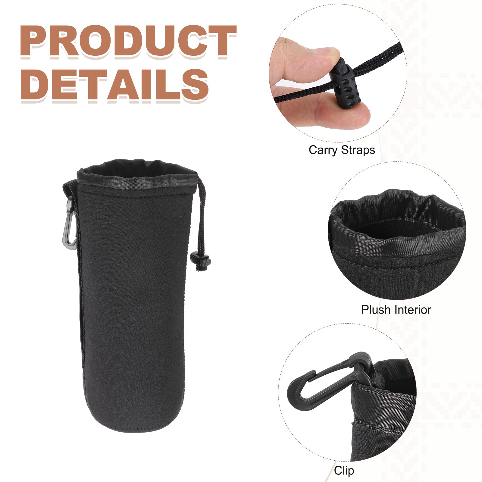 Camera Lens Pouch, 4" ID x 10" H Drawstring Lens Pouch, Black