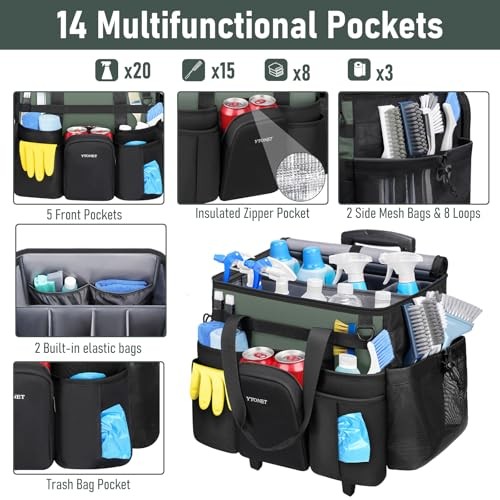 Cleaning Caddy with Wheels, Extra Large Rolling Cleaning Caddy Bag Black Green