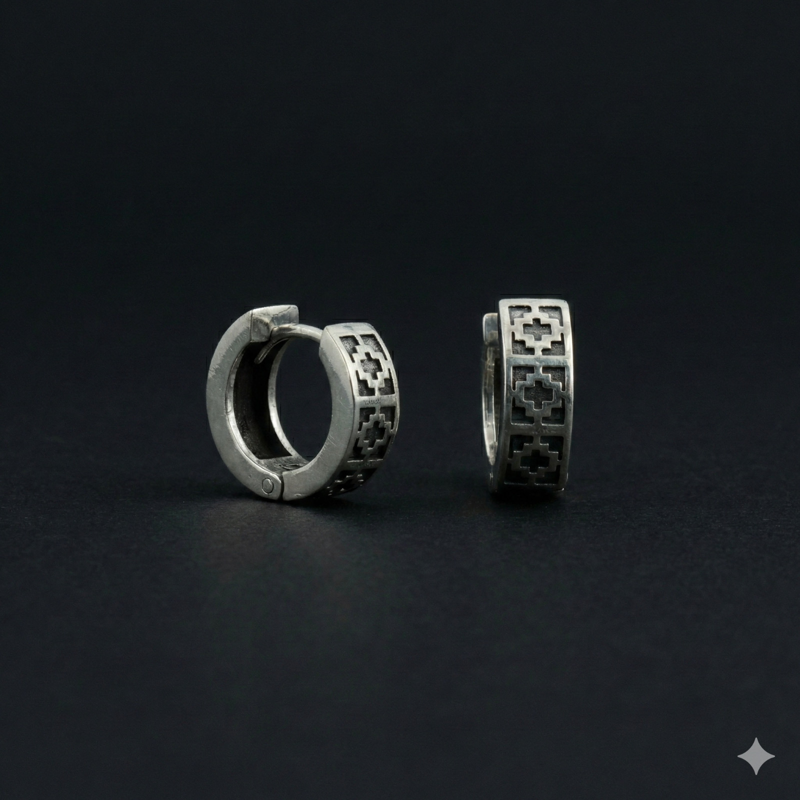 Men's Sterling Silver Geometric Greek Key Huggie Earrings - Oxidized Hoop Design