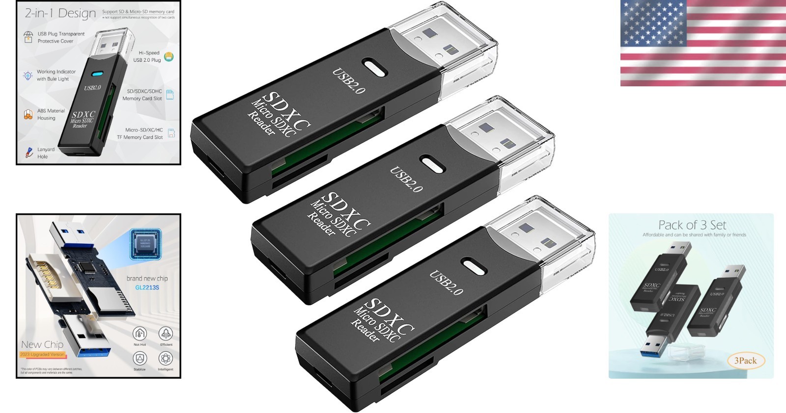 Compact 3-Pack USB Card Reader with Dual Slots for SD & Micro SD Transfer