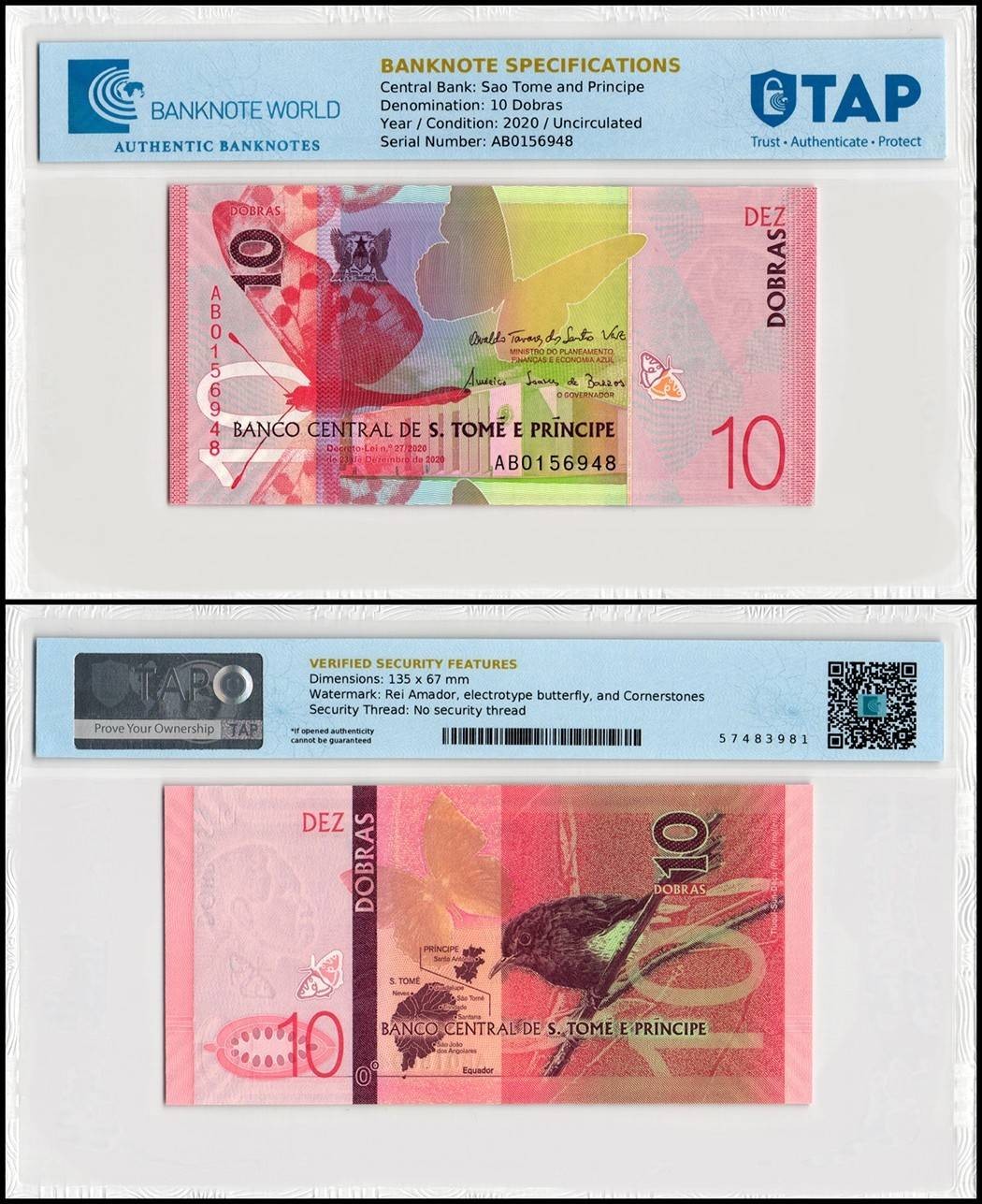 St. Thomas & Prince 10 Dobras, 2020, P-77, UNC, TAP Authenticated