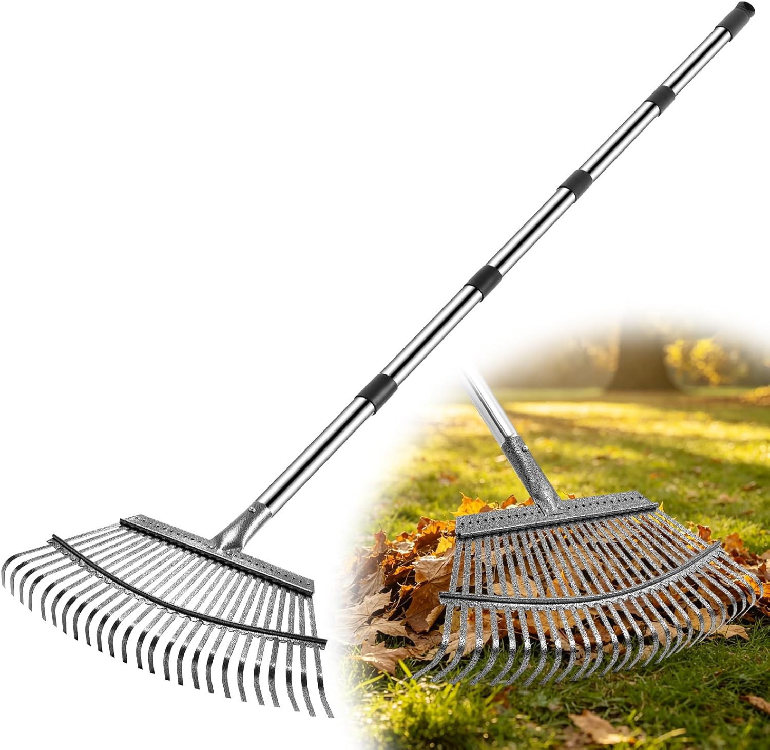 Heavy Duty Garden Rake, Metal Leaf Rake with 73 Inch Adjustable Handle and 25 Ti