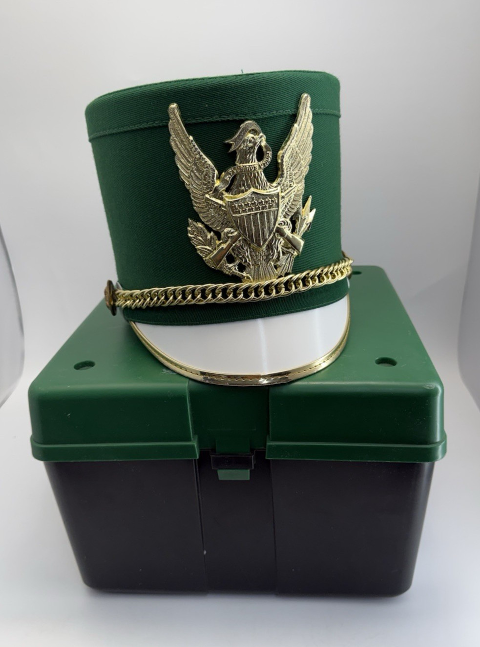 Vintage Shako Marching Band Uniform Hat Green Gold White Sz S-M-L- XL w/case