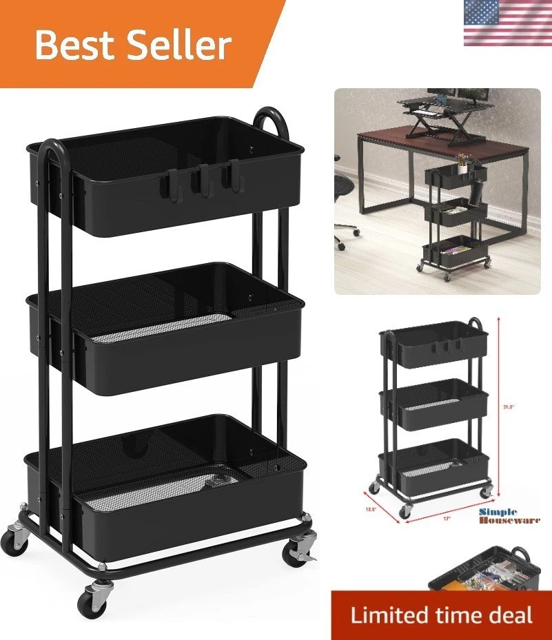 Sleek Heavy Duty 3-Tier Metal Rolling Cart - Effortless Mobility & Organization