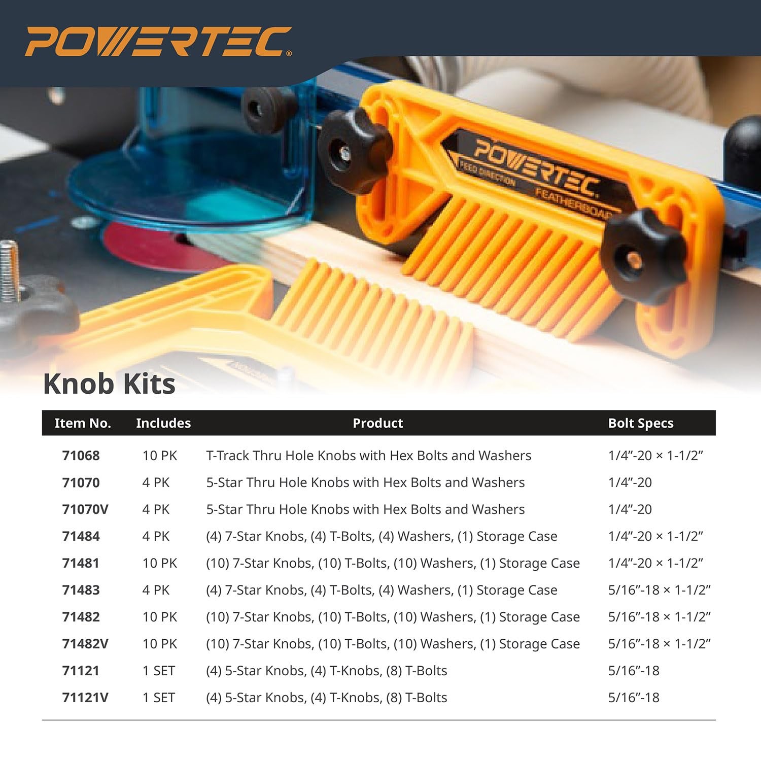 POWERTEC 71121V T Track Knob Kit w/Threaded Knobs and 5/16”-18 T Track Bolts, 16