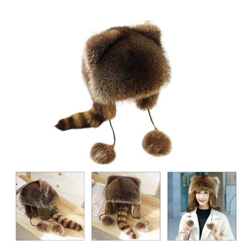Ladies Mongolian Hat Russian Style Plush Hat with Raccoon Tail Keep Warm Cap