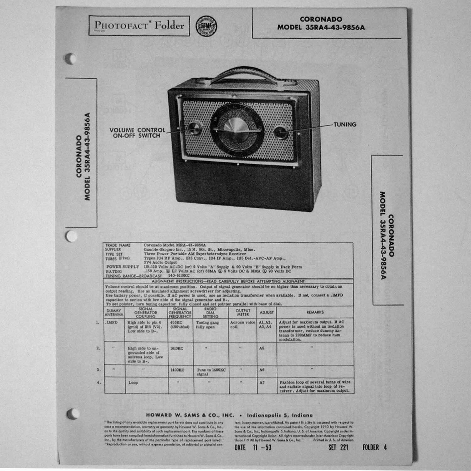 Coronado Model 35RA4-43-9856A AM Radio - SAMS Photofact ™ 1953 - New NOS