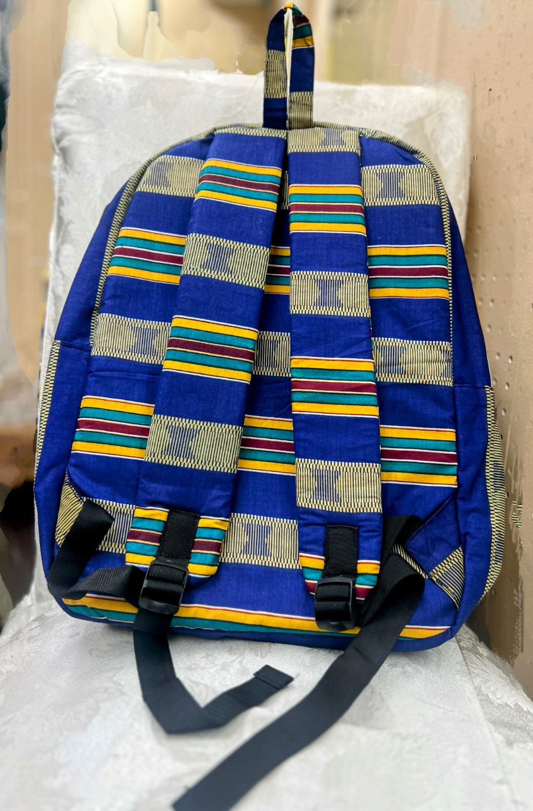Padded Blue Kente Backpack with multi pockets, inside lining & Padded Straps