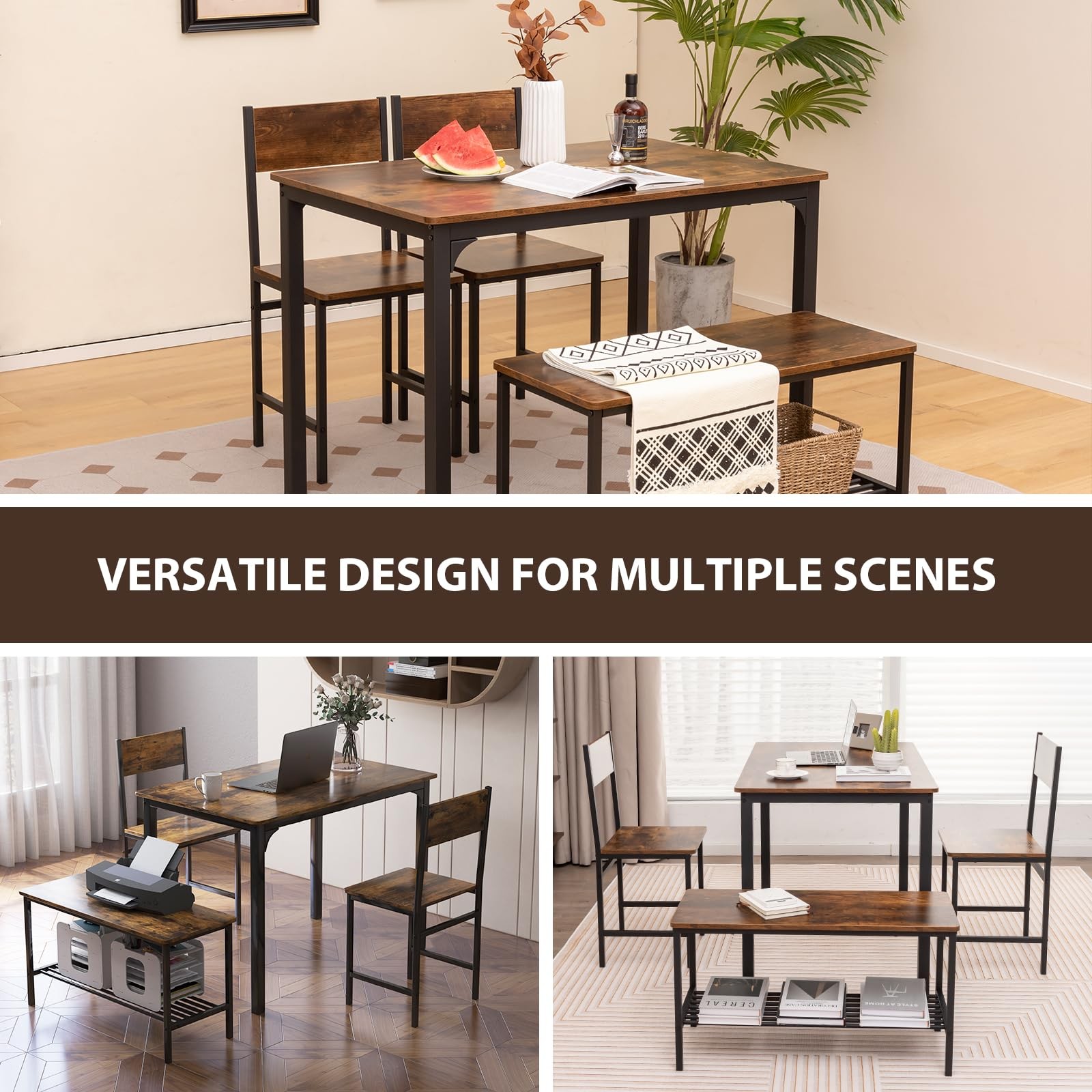 Dining Table Set for 4 Modern Industrial Kitchen Table with Bench Chairs