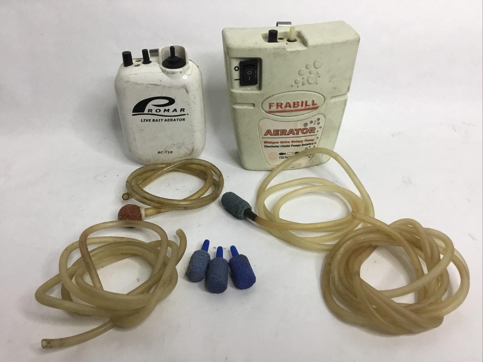 (2) Used Portable Live Bait Aerator Pump (Romar & Frabill ) With Stones & Tubes