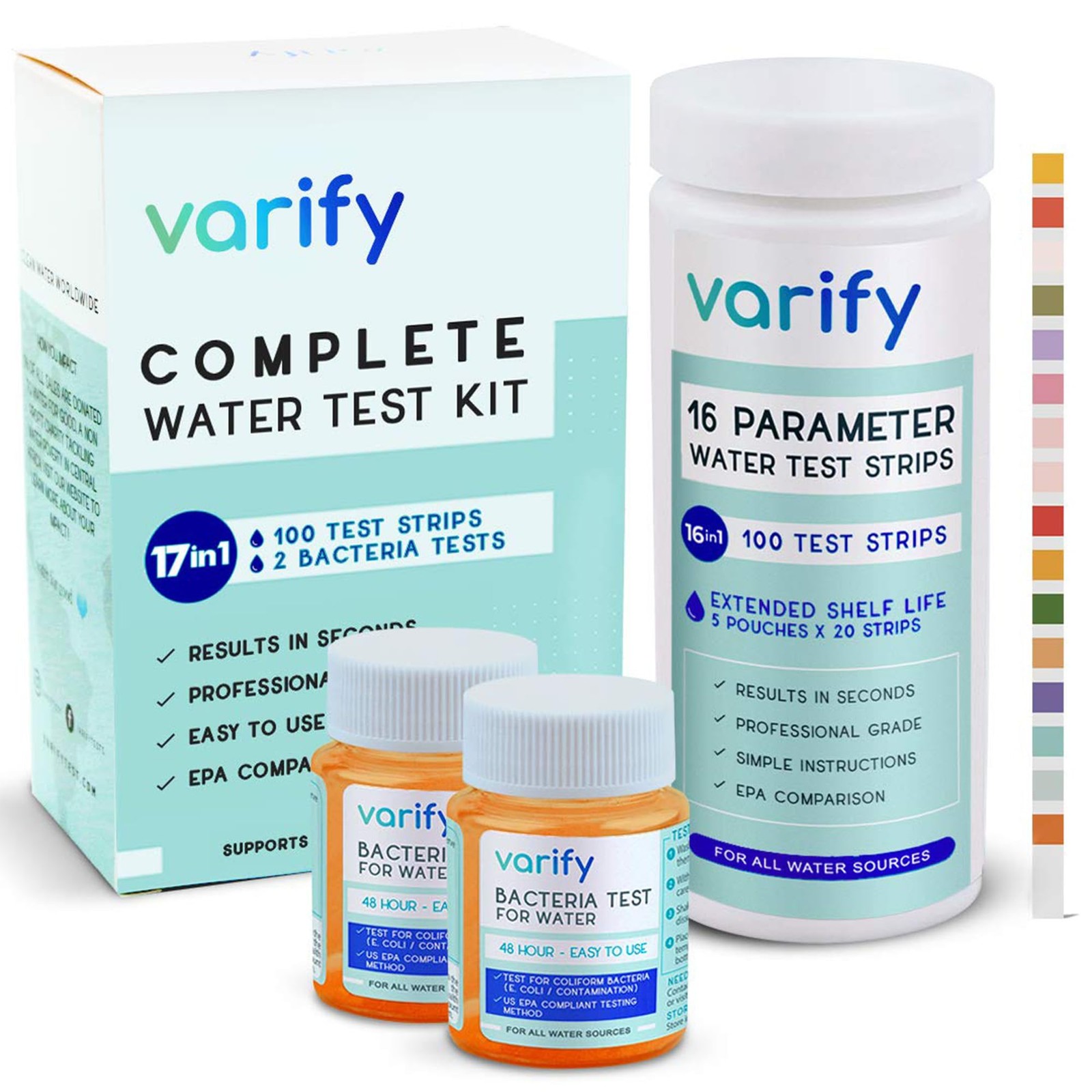 17in1 Complete Drinking Water Test Kit - 100 Strips + 2 Bacteria Tester Kits ...