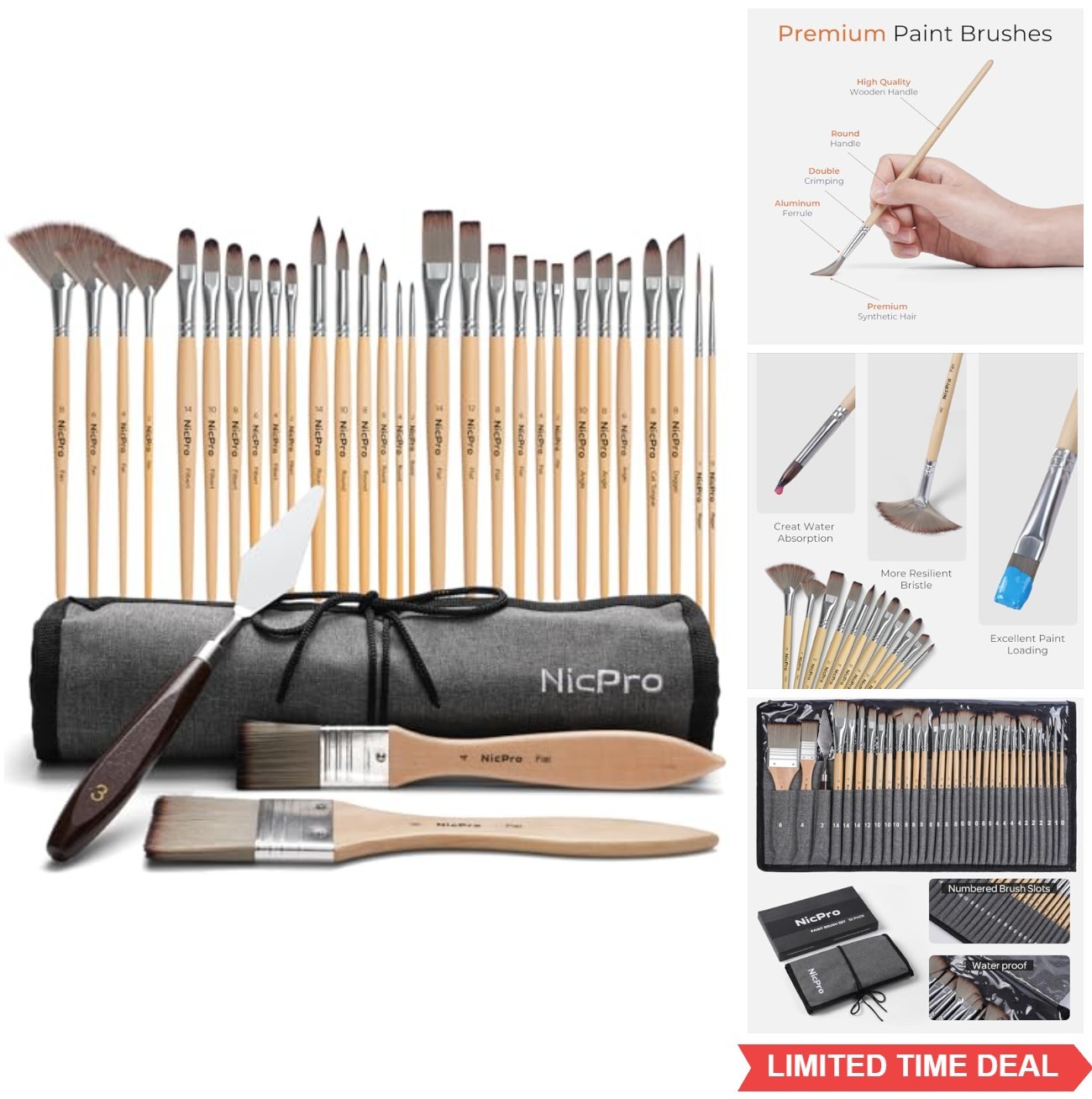 32 Piece Paint Brush Set Acrylic Oil Watercolor Synthetic Bristles Canvas Roll