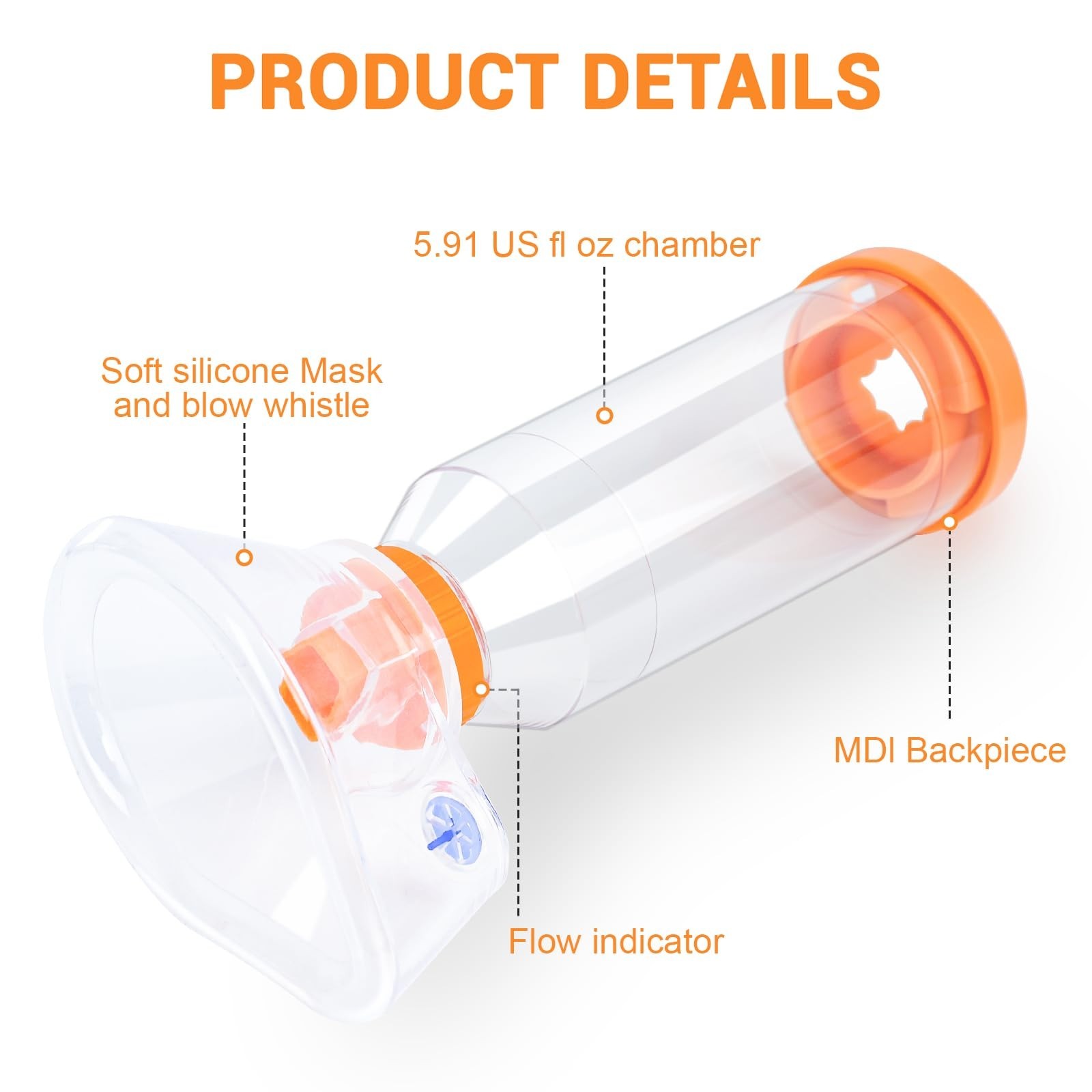 Portable Handheld Spacer Low Resistance Inhalation w/ Adult + Child Size 2 Masks