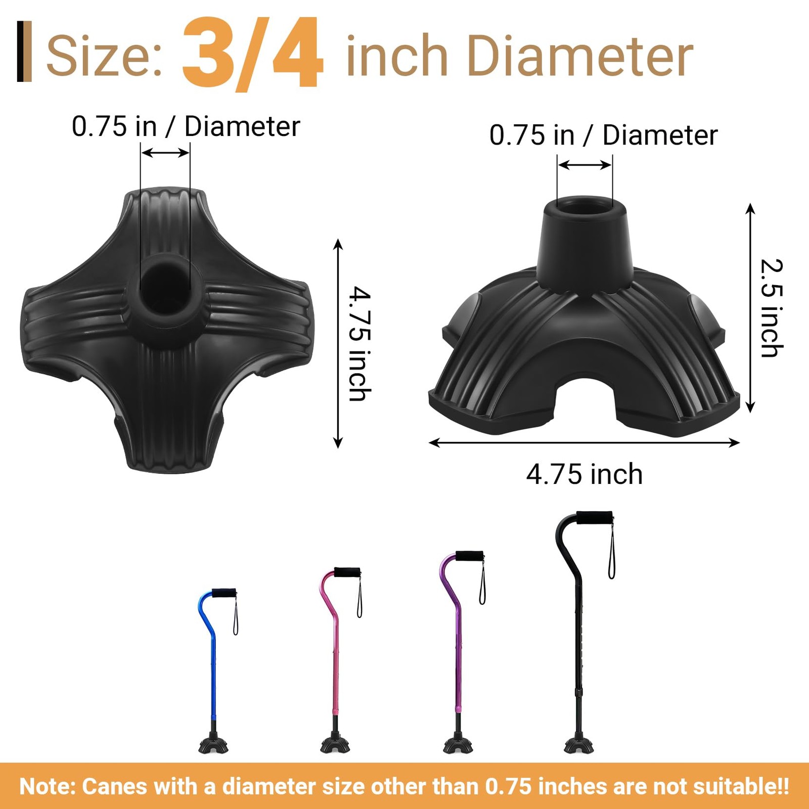 2 Pack Cane Tips for Stability, Self Standing Cane Base for Most Walking
