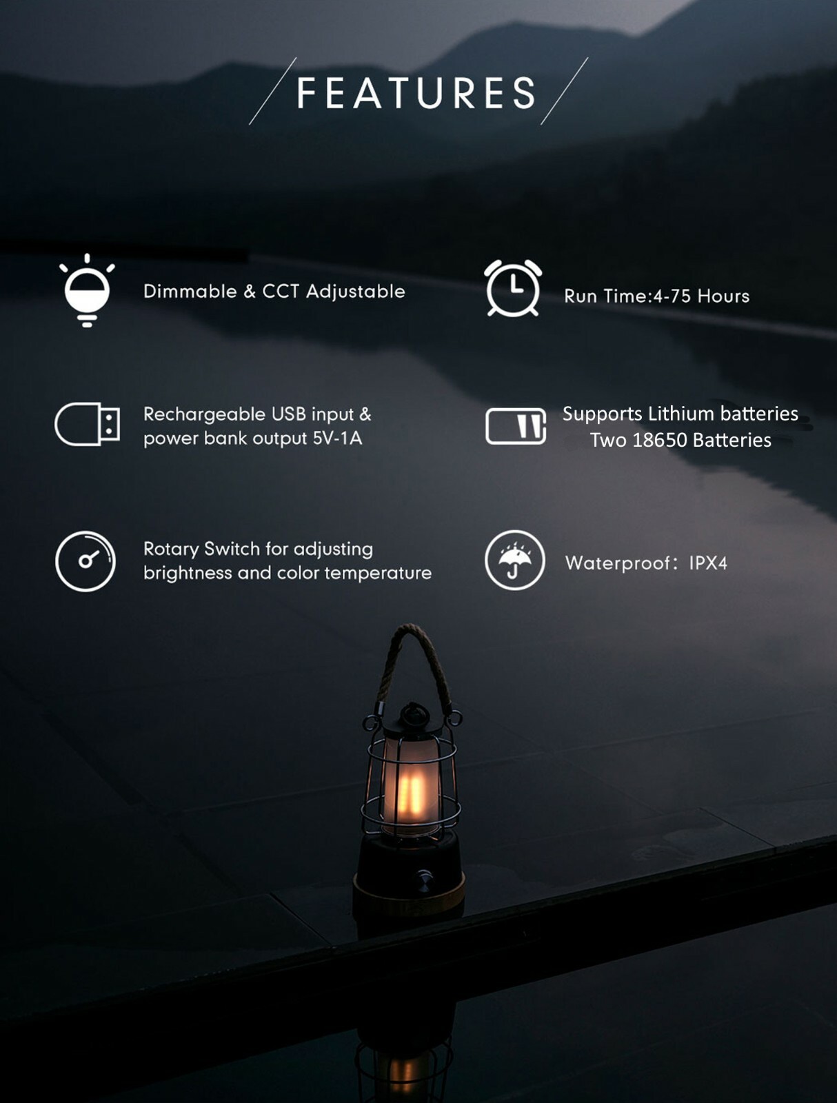 Retro Outdoor Water Resistant LED Lantern, Rechargeable, Dimmable