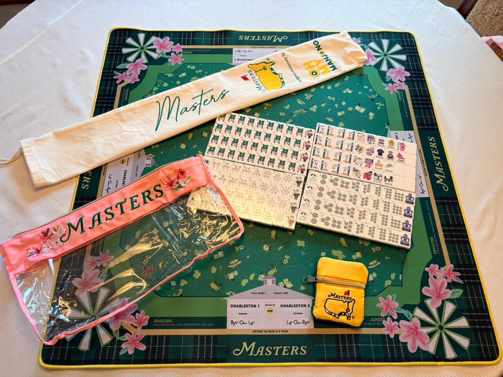 Mahjong GOLF Club New 160 Tiles, Mat, Dice, Dice Bag, Mat Bag. RARE Set Masters