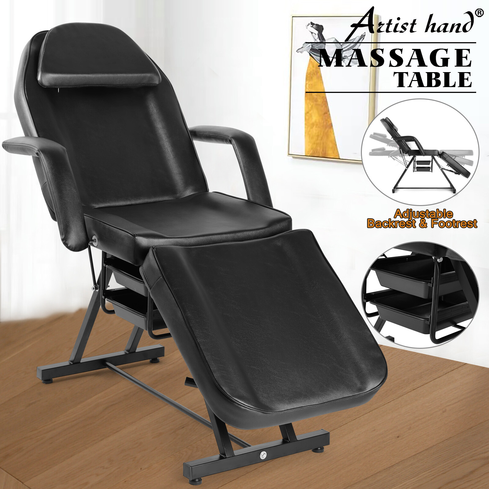 Black Recliner Massage Table Salon Tattoo Chair Facial Lash Bed w/ Storage Box