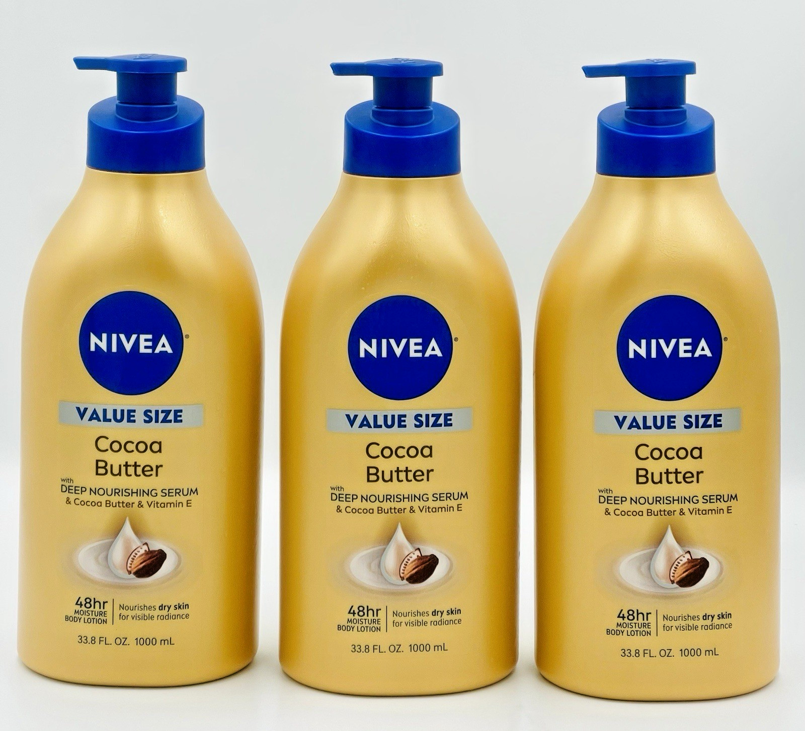 Lot of 3 NIVEA Cocoa Butter Body Lotion with Deep Nourishing Serum, 33.8 Fl Oz