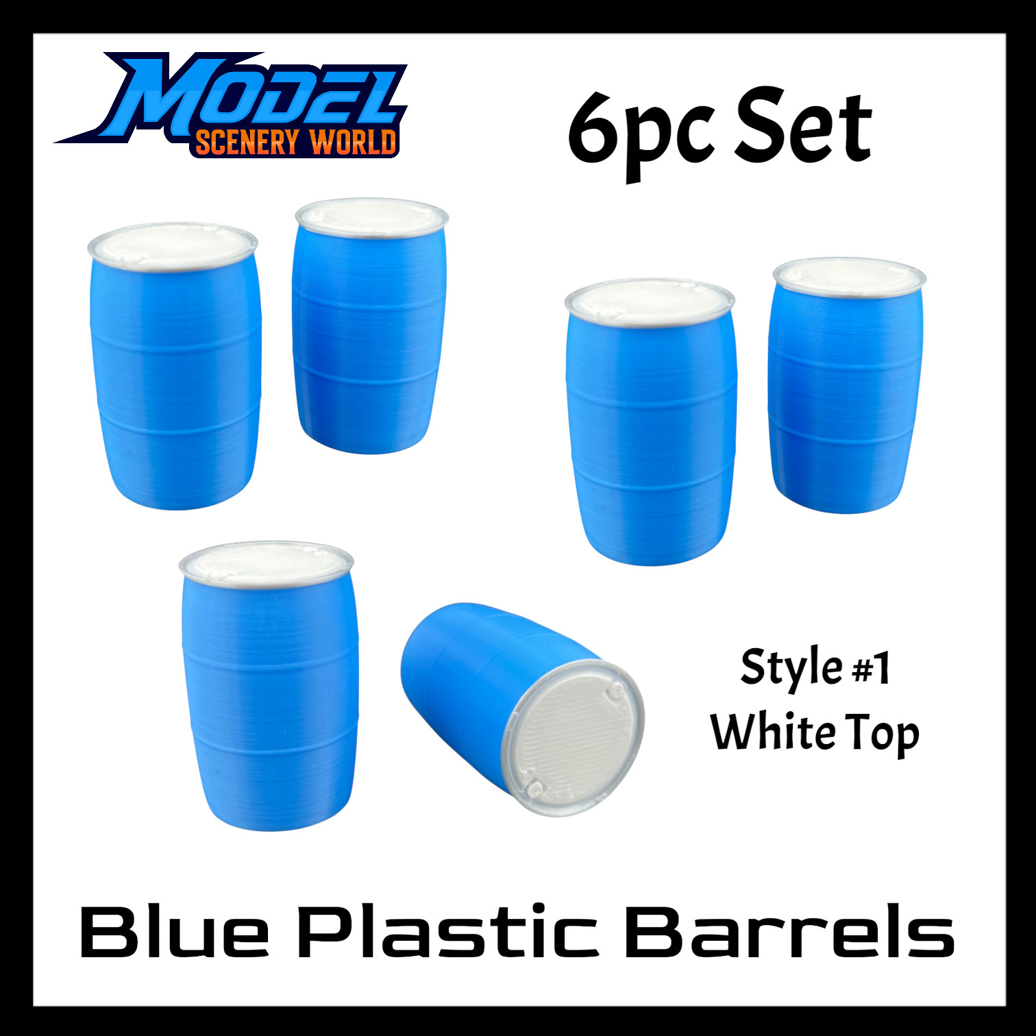 55 Gallon Plastic Barrel/Drum (6pc) Blue/White Top - G Scale 1:24