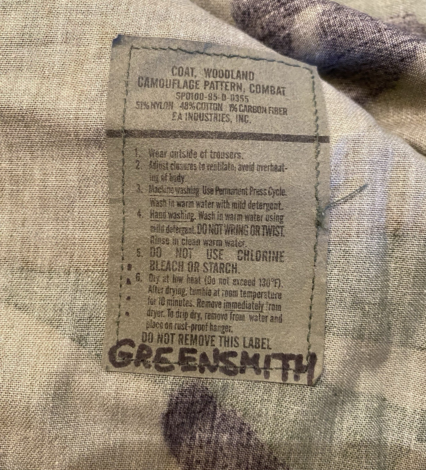 U.S. Army Woodland Camouflage Pattern Combat Coat Size Small Regular