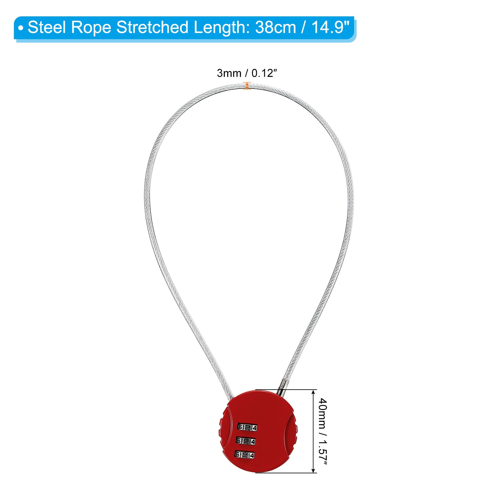 Small Combination Block 14.9", 1pc 3 Digit Luggage Lock, Red